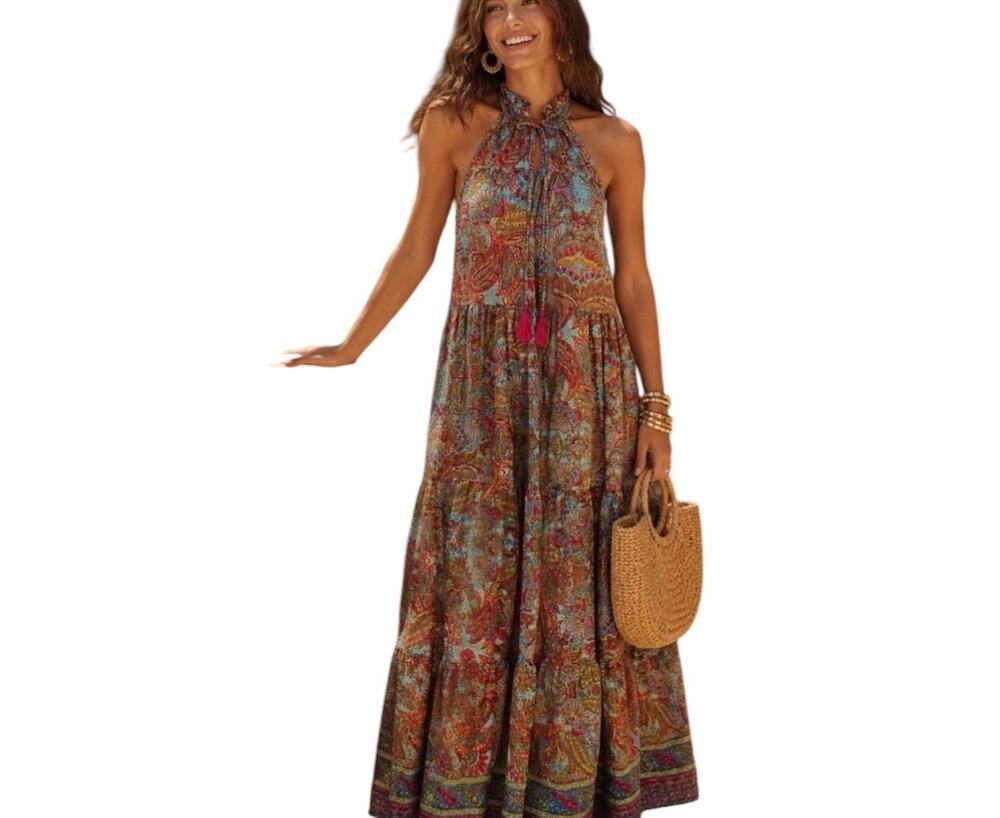 Anthroplogie Boemo Maxi Dress With Halter Neck Line Ruffled Tier Skirt Paisley S